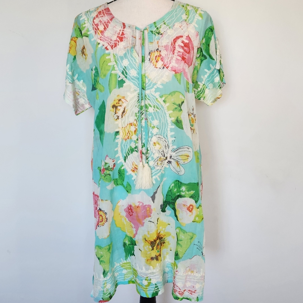 NWT Debbie Katz South Beach Blue Floral Tunic  Cover Up Cotton Tropical Dress S